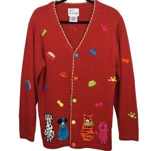 The Quacker Factory Novelty Dog Embroidered Applique Red Knit Cardigan Size S